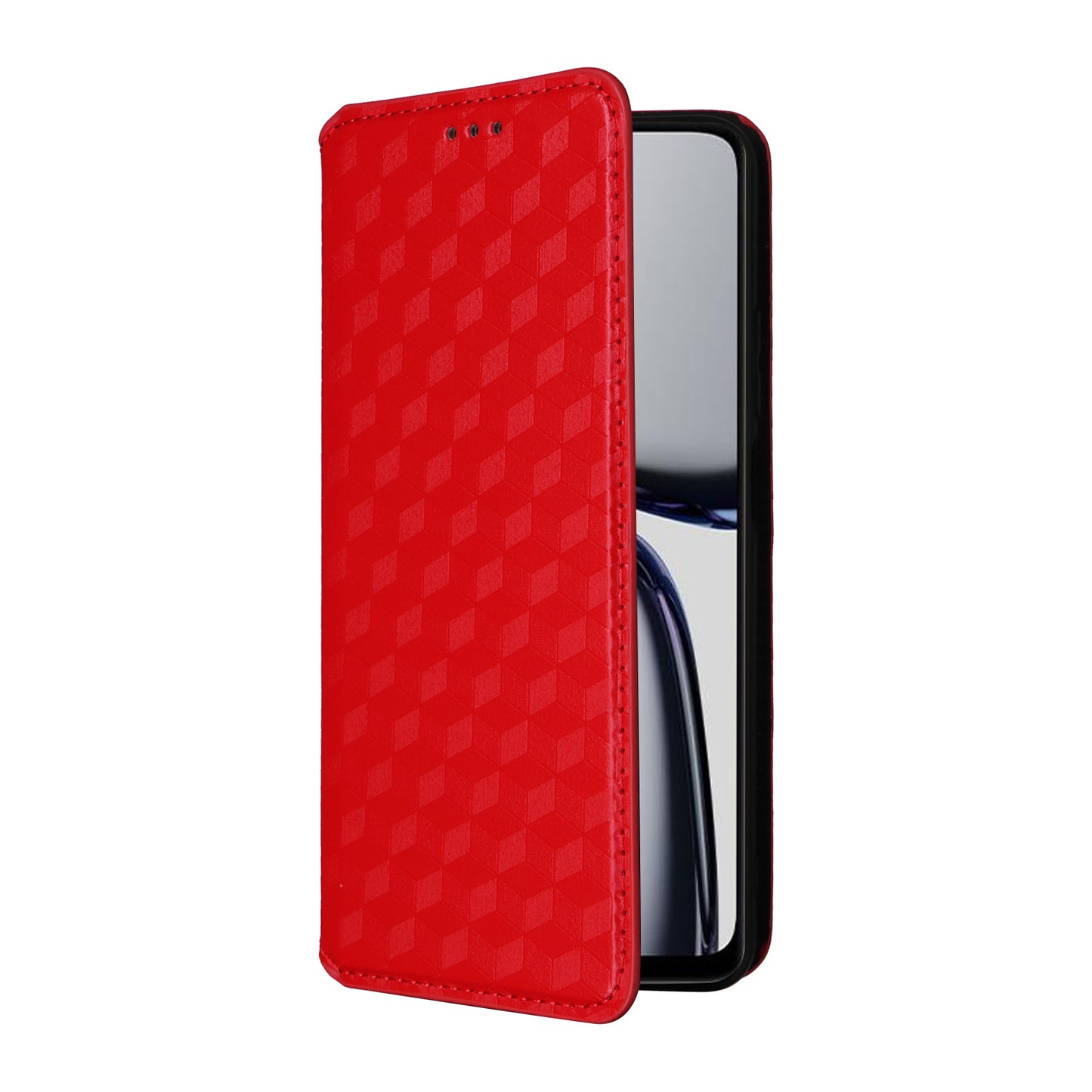 For Realme C65 4G Magnetic Case PU Leather+TPU Rhombus Imprinted Phone Cover - Red