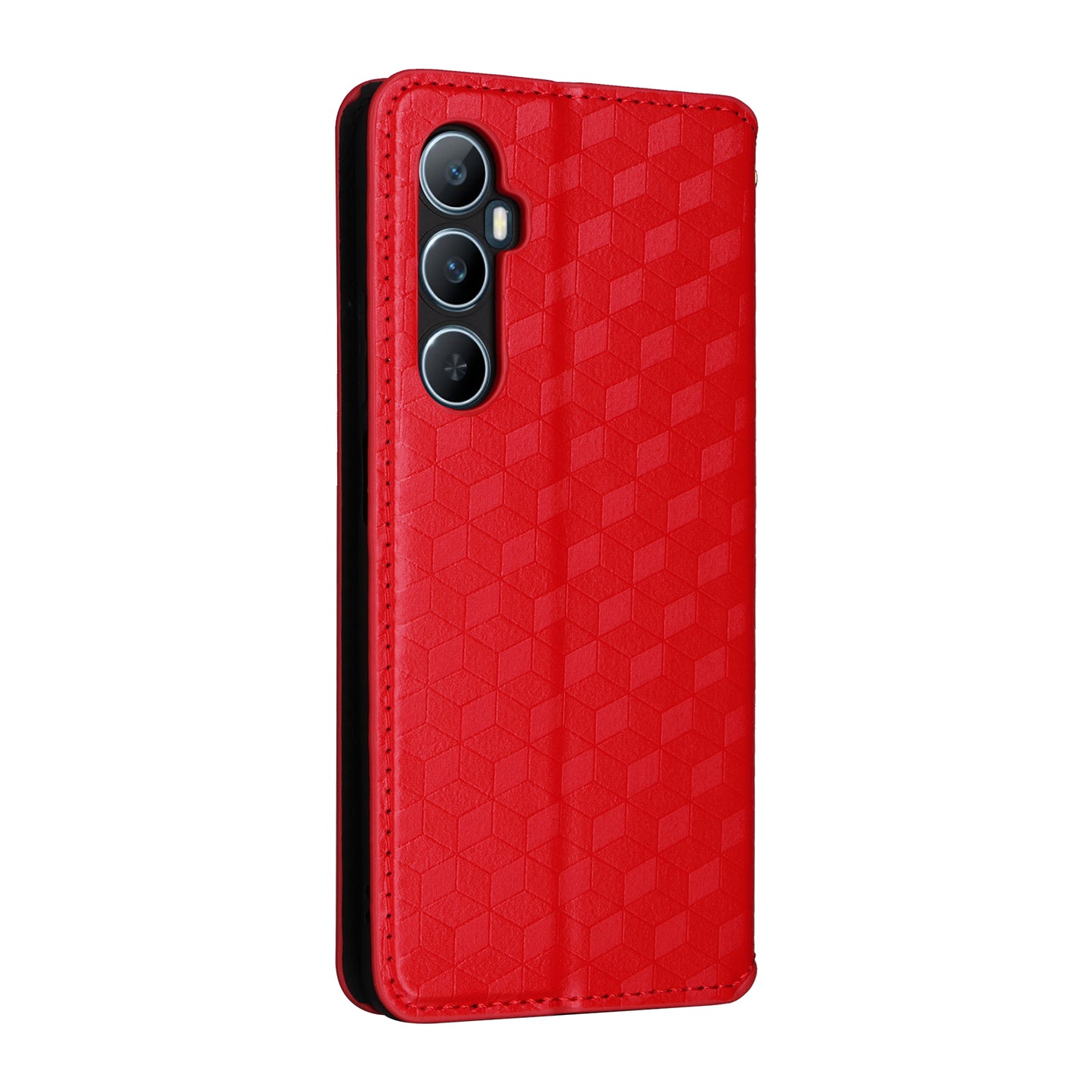 For Realme C65 4G Magnetic Case PU Leather+TPU Rhombus Imprinted Phone Cover - Red