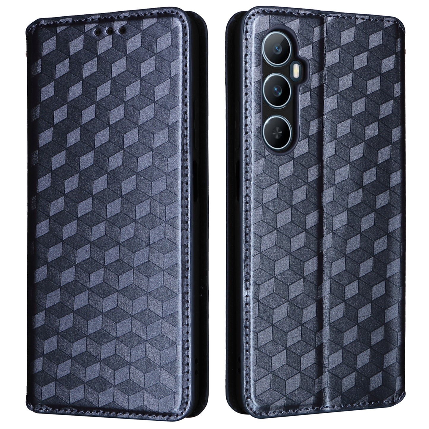 For Realme C65 4G Magnetic Case PU Leather+TPU Rhombus Imprinted Phone Cover - Blue