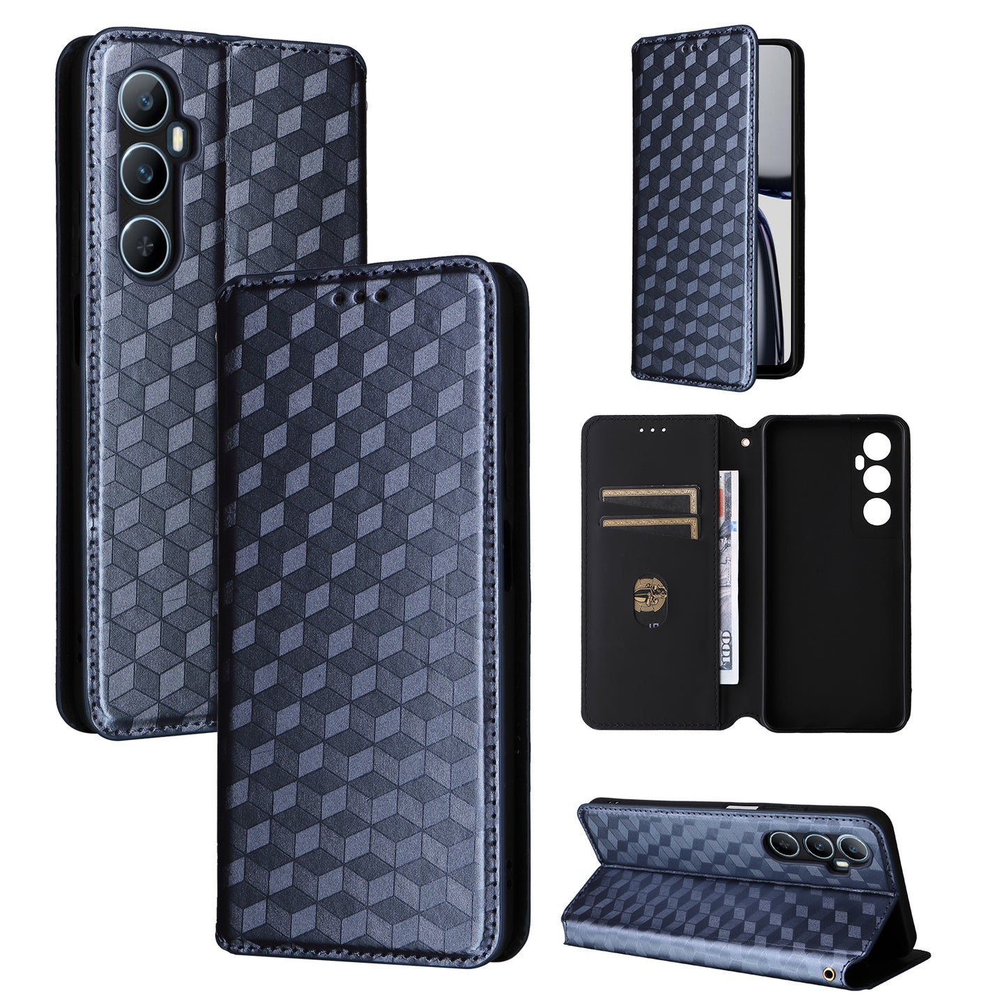 For Realme C65 4G Magnetic Case PU Leather+TPU Rhombus Imprinted Phone Cover - Blue