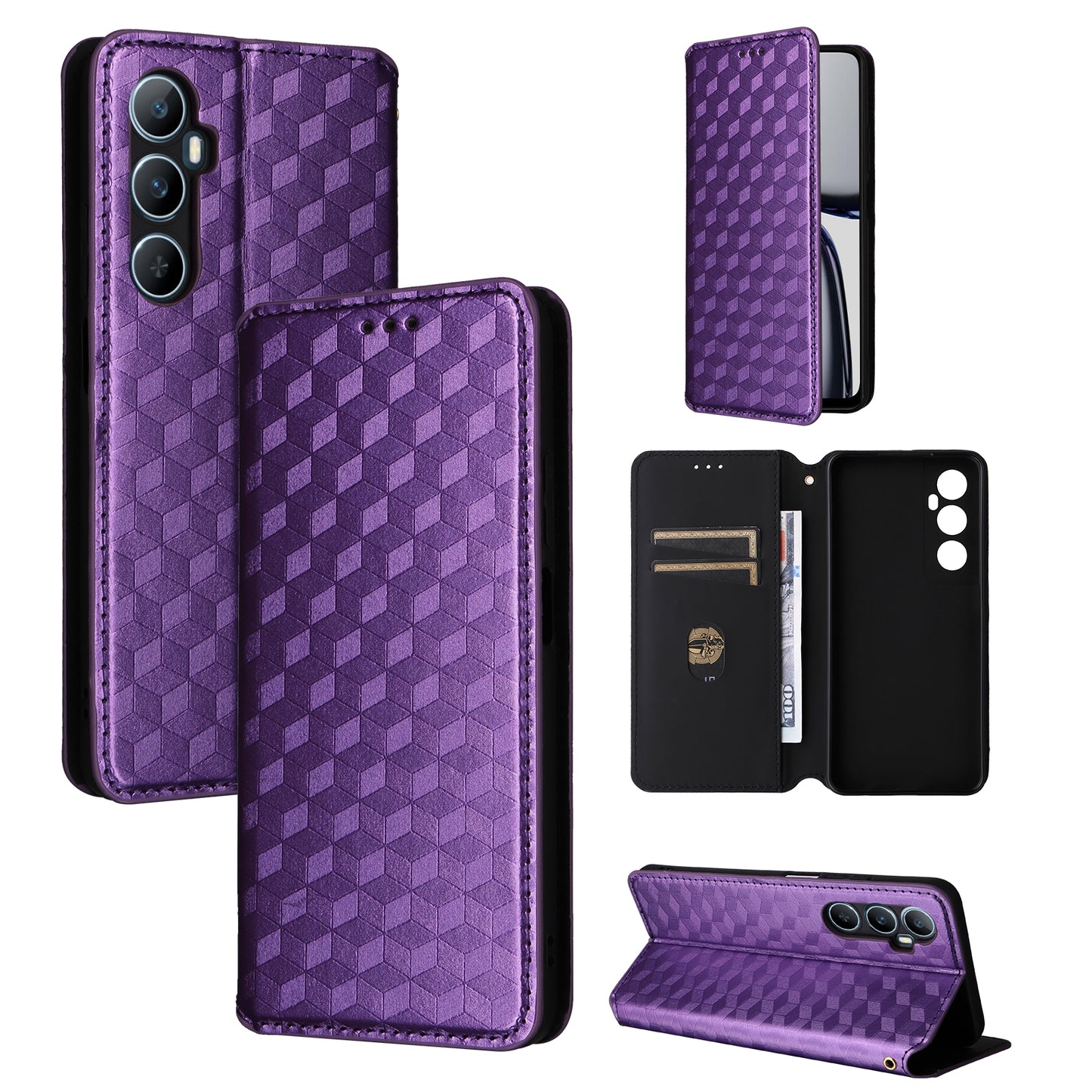 For Realme C65 4G Magnetic Case PU Leather+TPU Rhombus Imprinted Phone Cover - Purple