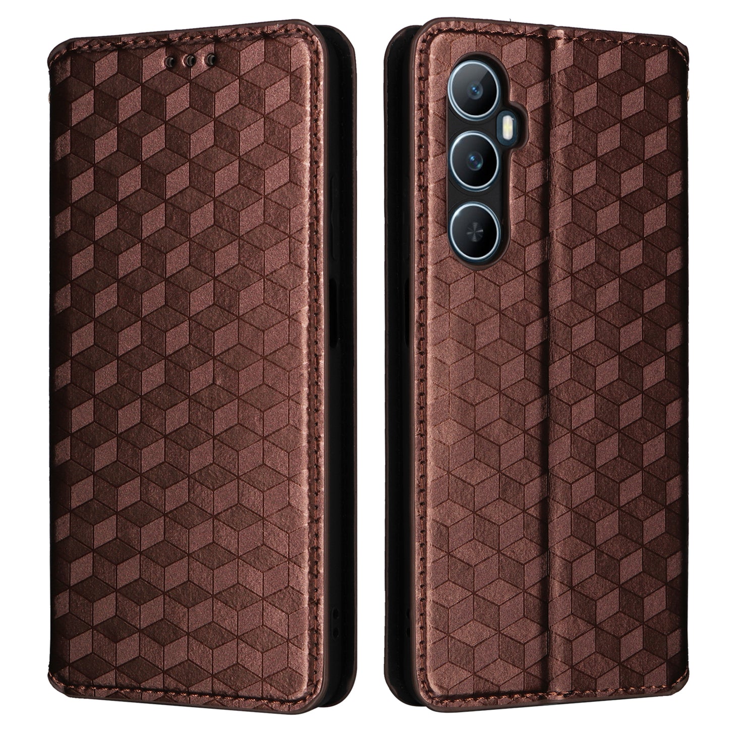 For Realme C65 4G Magnetic Case PU Leather+TPU Rhombus Imprinted Phone Cover - Brown