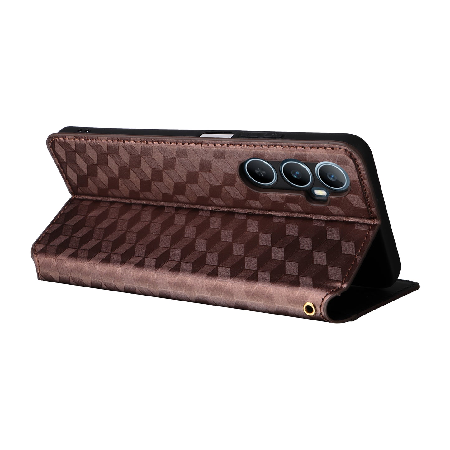 For Realme C65 4G Magnetic Case PU Leather+TPU Rhombus Imprinted Phone Cover - Brown