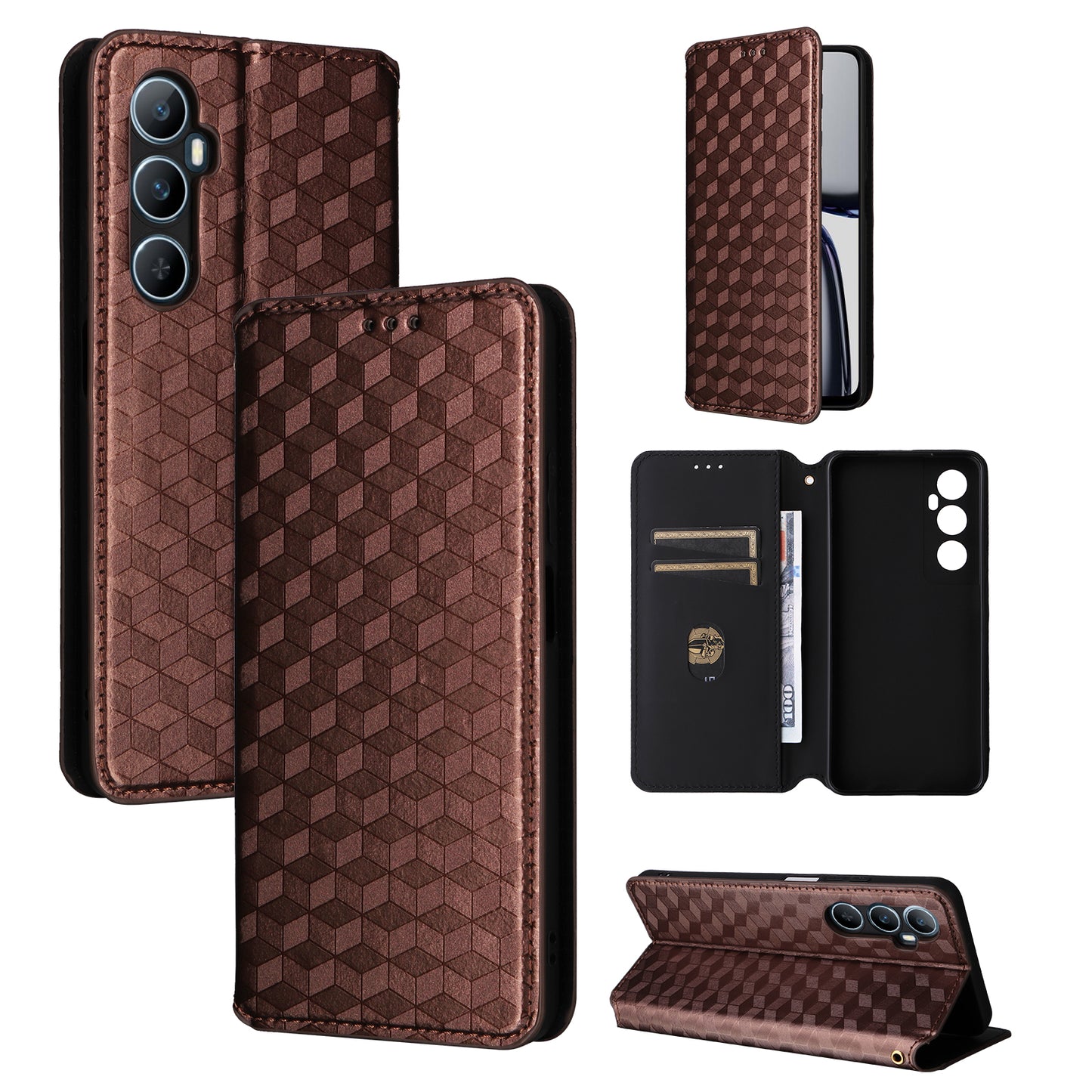 For Realme C65 4G Magnetic Case PU Leather+TPU Rhombus Imprinted Phone Cover - Brown