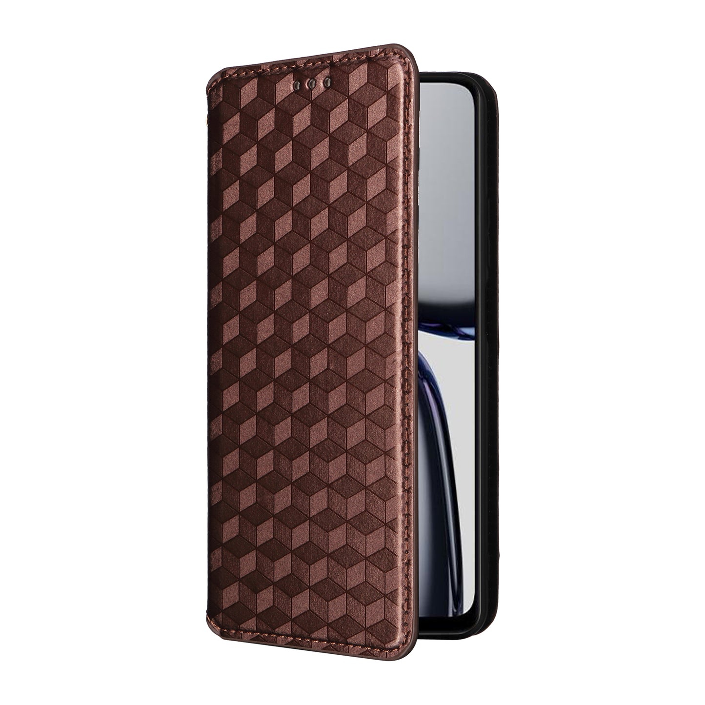 For Realme C65 4G Magnetic Case PU Leather+TPU Rhombus Imprinted Phone Cover - Brown