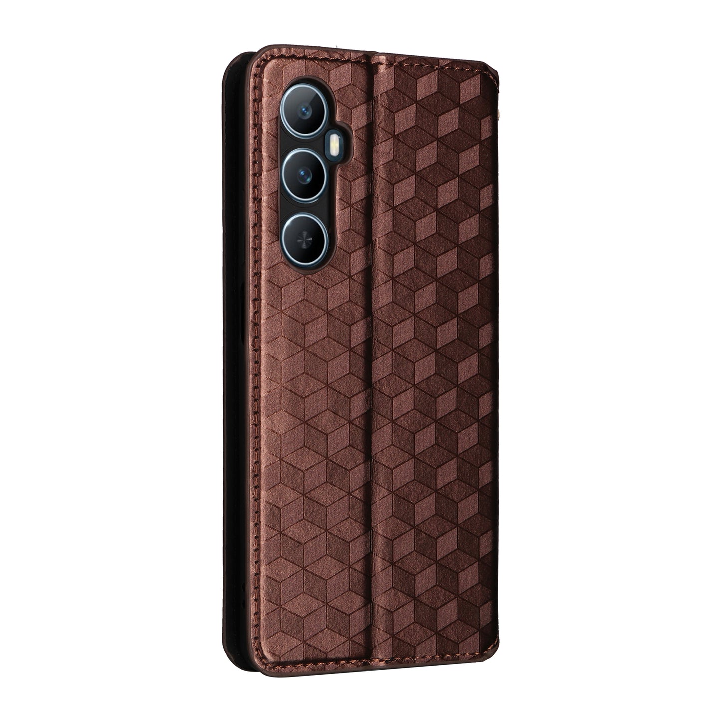 For Realme C65 4G Magnetic Case PU Leather+TPU Rhombus Imprinted Phone Cover - Brown
