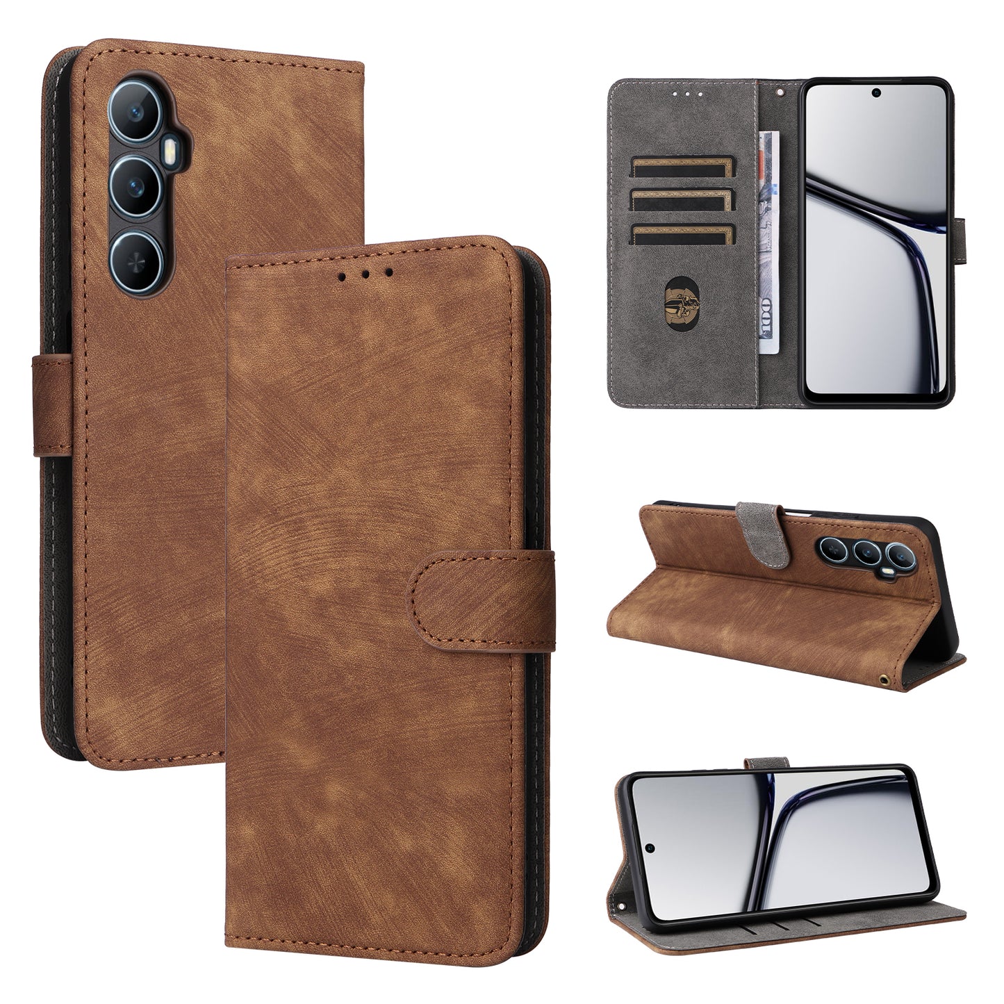 For Realme C65 4G Case RFID Blocking Phone Stand Cover with Magnetic Closure - Brown