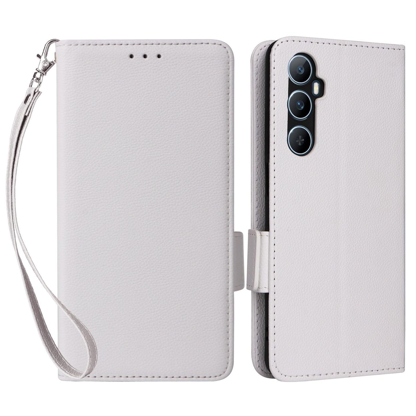 For Realme C65 4G Case Litchi Texture Leather Smart Phone Cover with Handy Strap - White