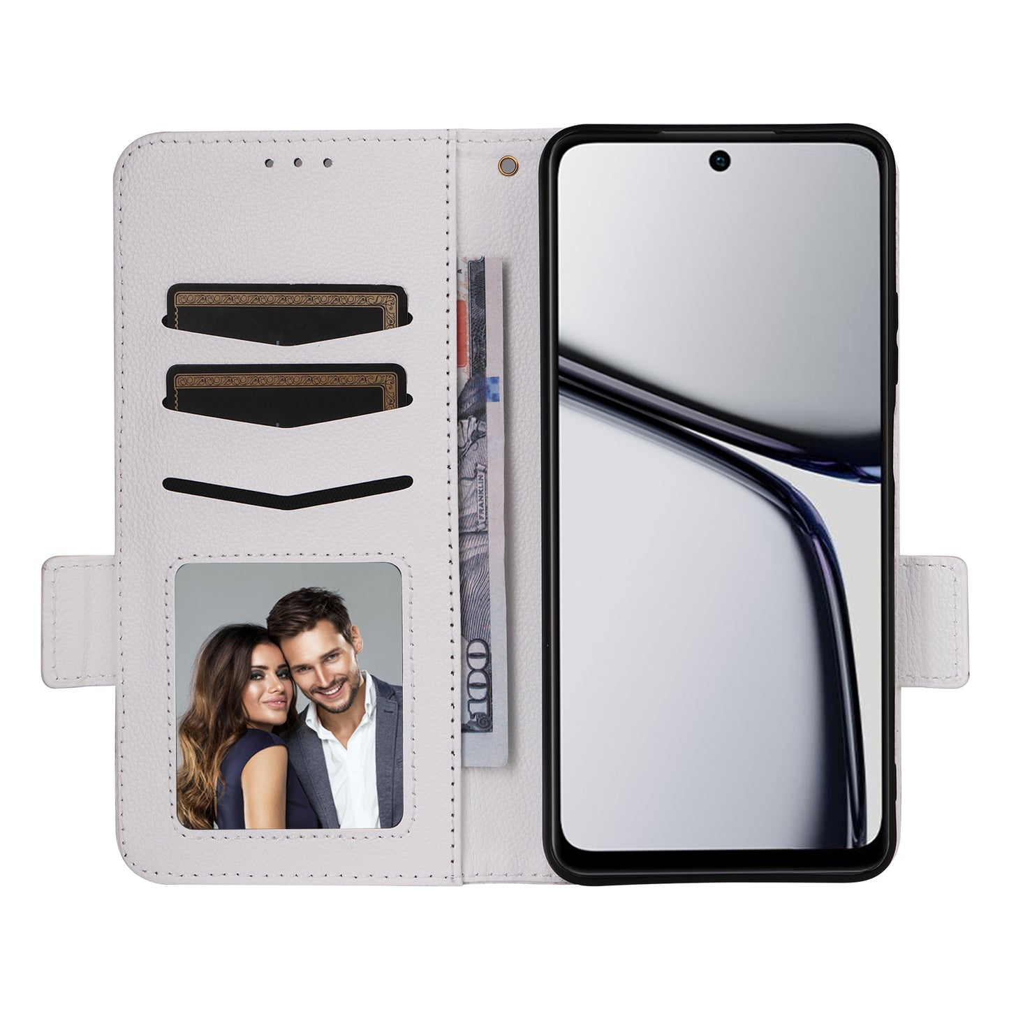 For Realme C65 4G Case Litchi Texture Leather Smart Phone Cover with Handy Strap - White