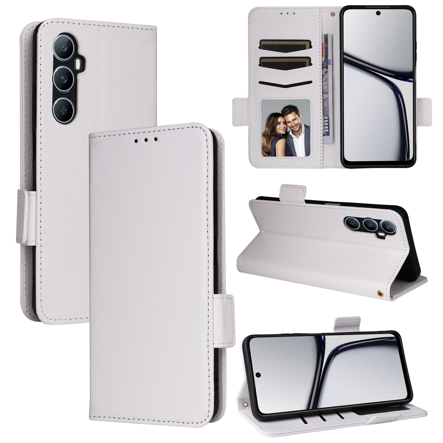 For Realme C65 4G Case Litchi Texture Leather Smart Phone Cover with Handy Strap - White