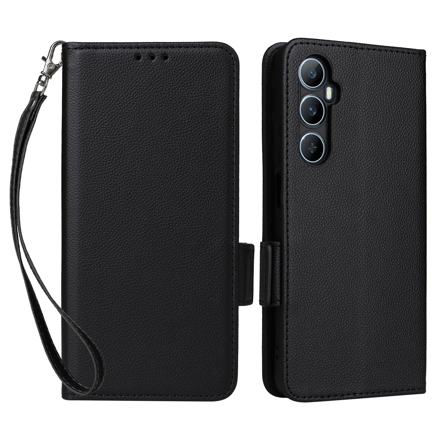 For Realme C65 4G Case Litchi Texture Leather Smart Phone Cover with Handy Strap - Black