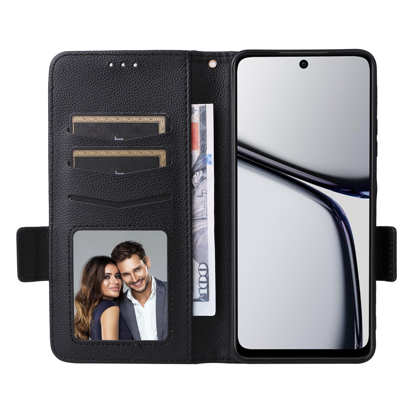 For Realme C65 4G Case Litchi Texture Leather Smart Phone Cover with Handy Strap - Black