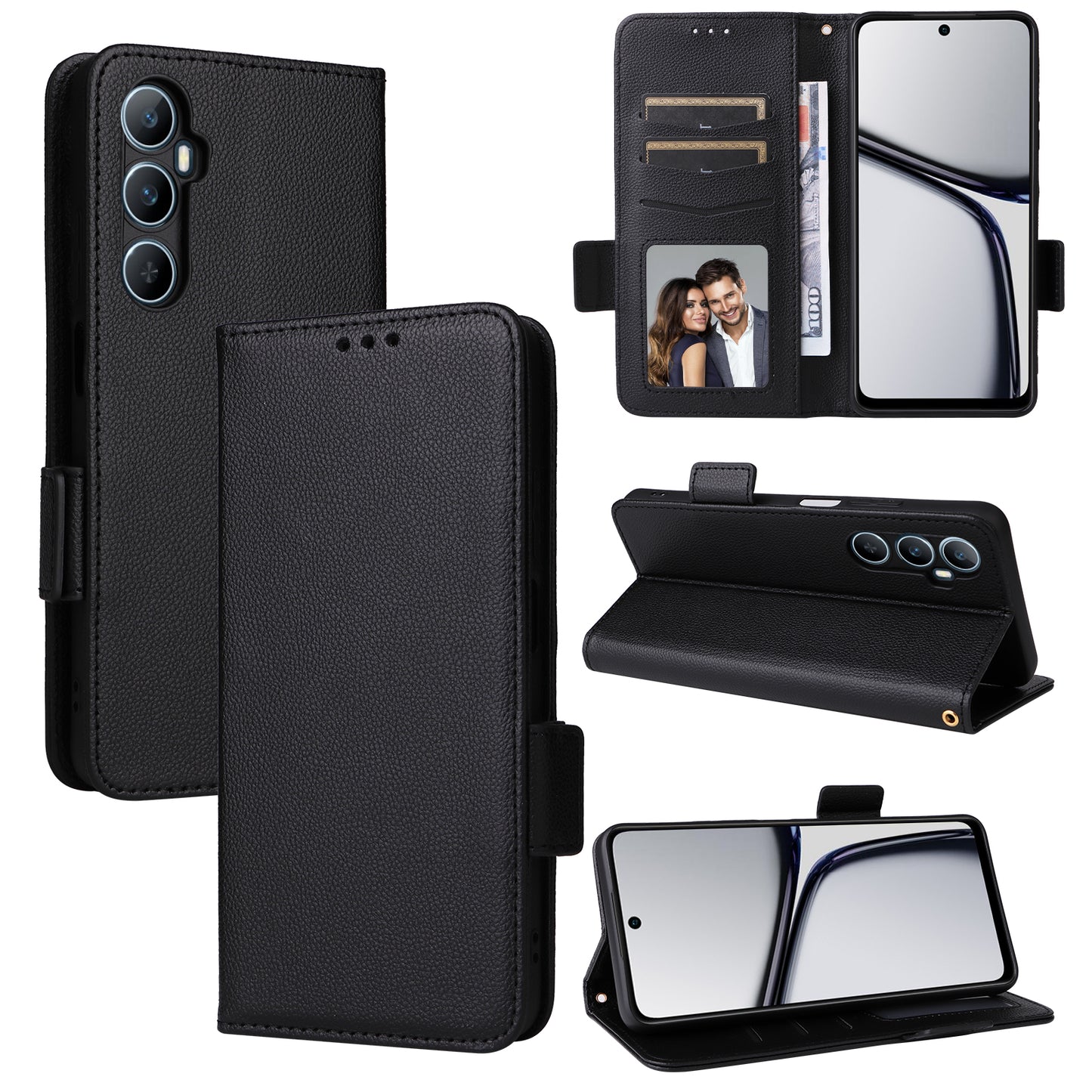 For Realme C65 4G Case Litchi Texture Leather Smart Phone Cover with Handy Strap - Black