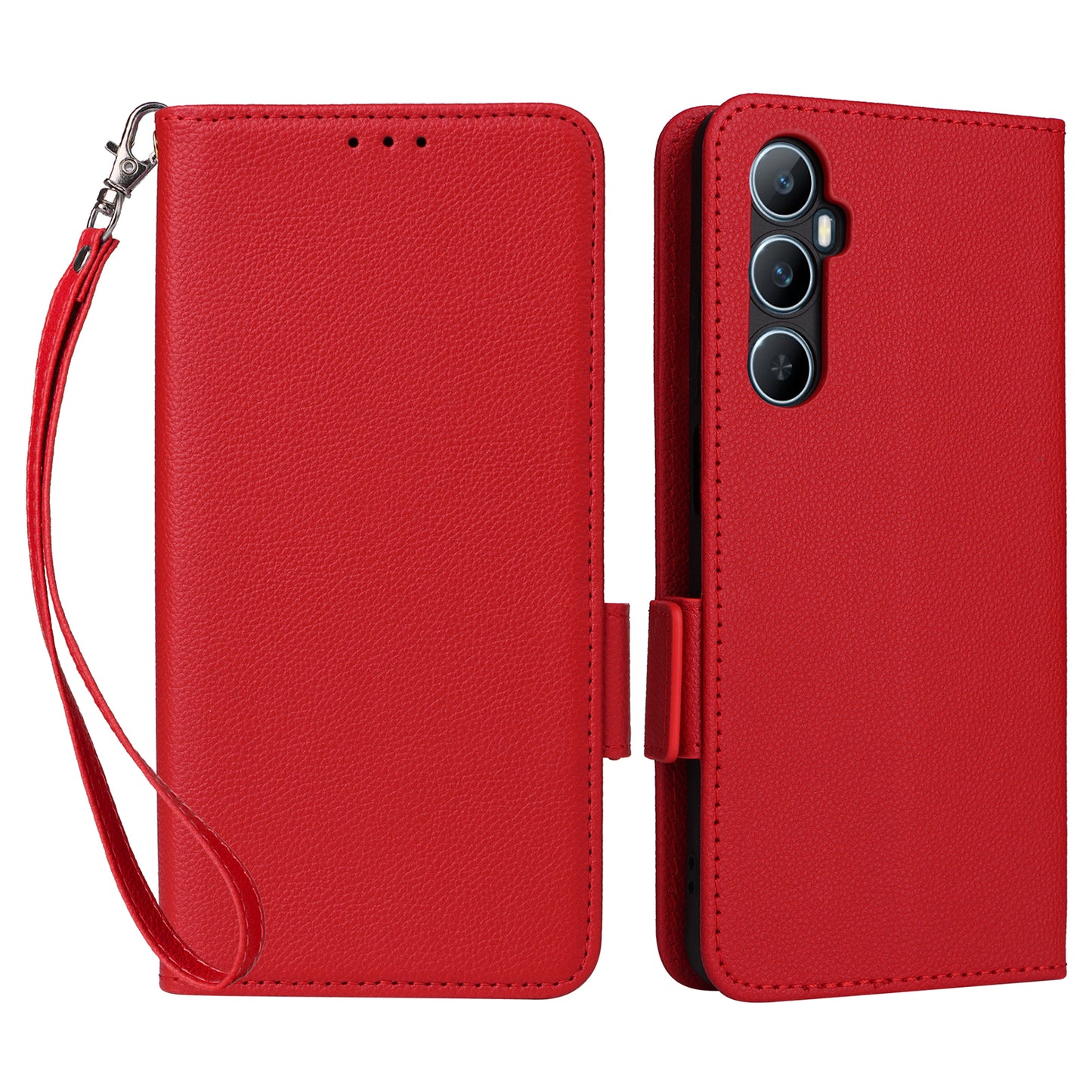 For Realme C65 4G Case Litchi Texture Leather Smart Phone Cover with Handy Strap - Red