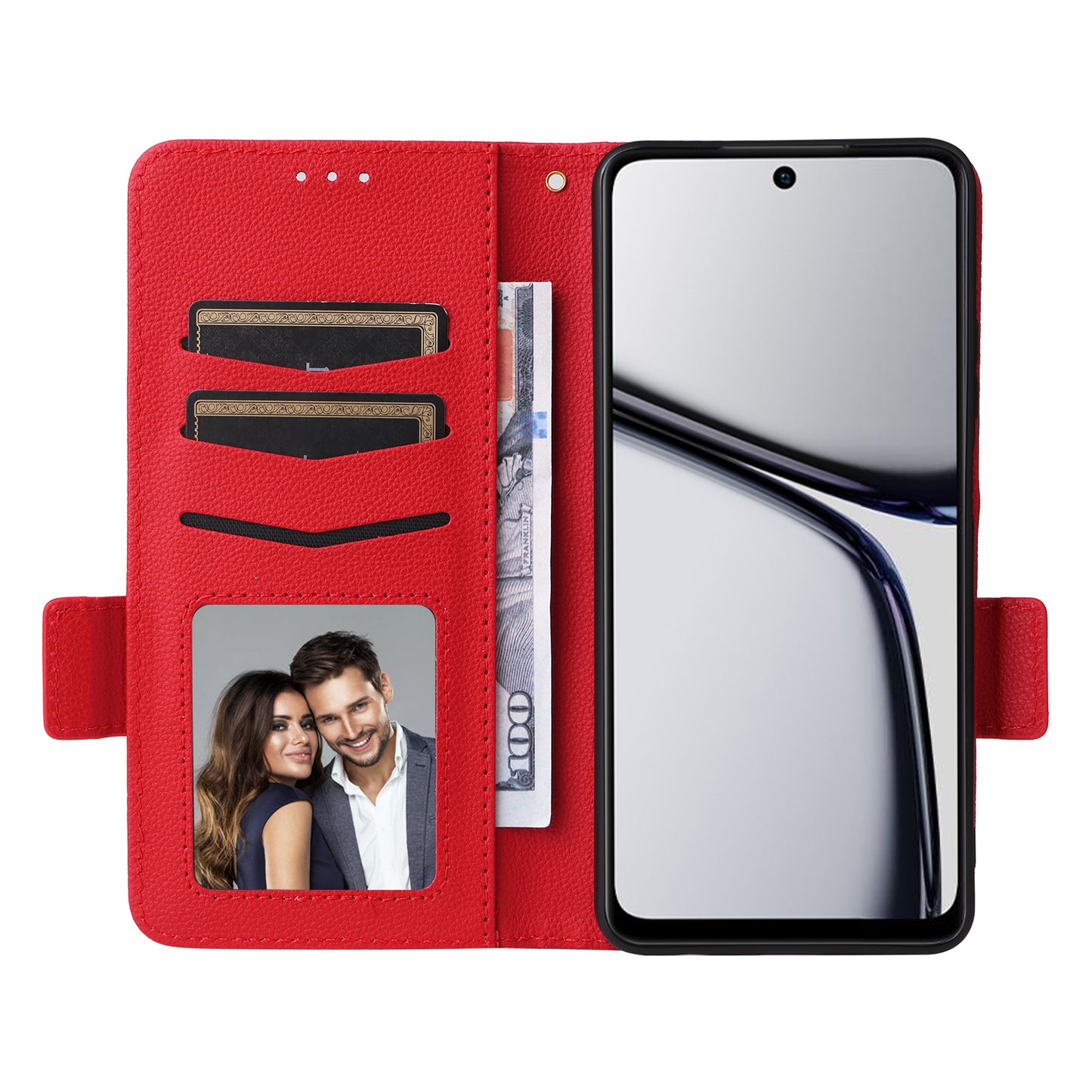 For Realme C65 4G Case Litchi Texture Leather Smart Phone Cover with Handy Strap - Red