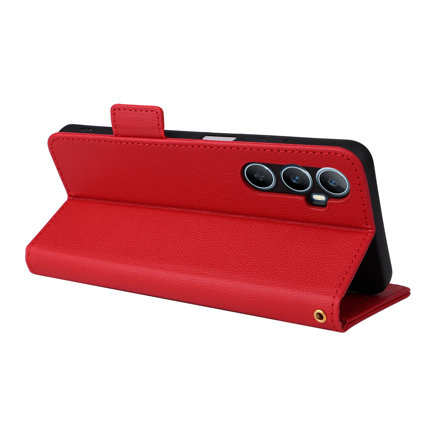 For Realme C65 4G Case Litchi Texture Leather Smart Phone Cover with Handy Strap - Red