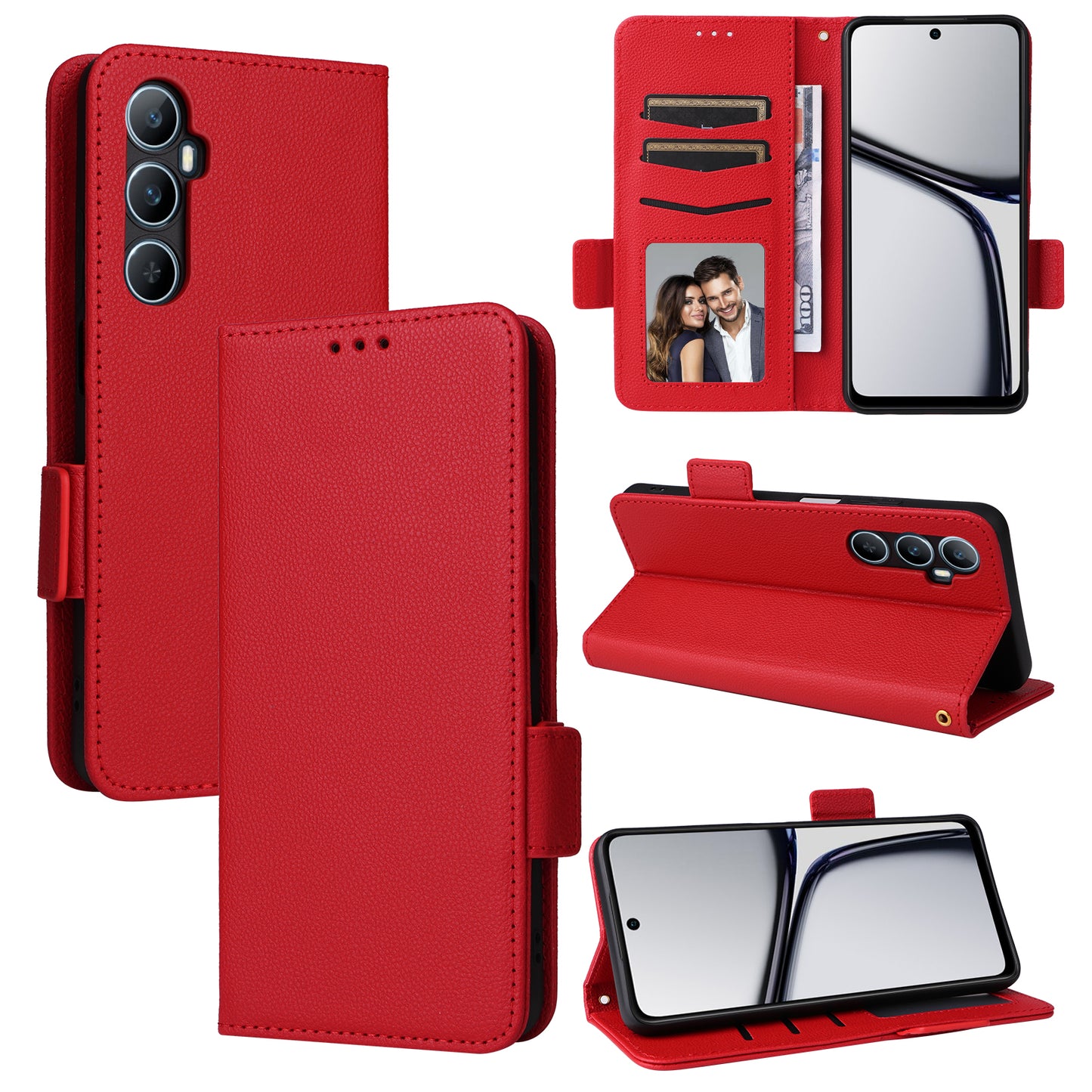 For Realme C65 4G Case Litchi Texture Leather Smart Phone Cover with Handy Strap - Red