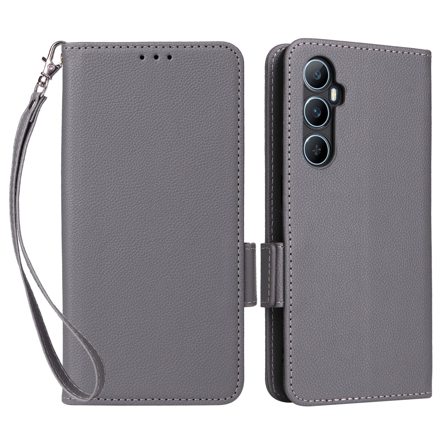 For Realme C65 4G Case Litchi Texture Leather Smart Phone Cover with Handy Strap - Grey