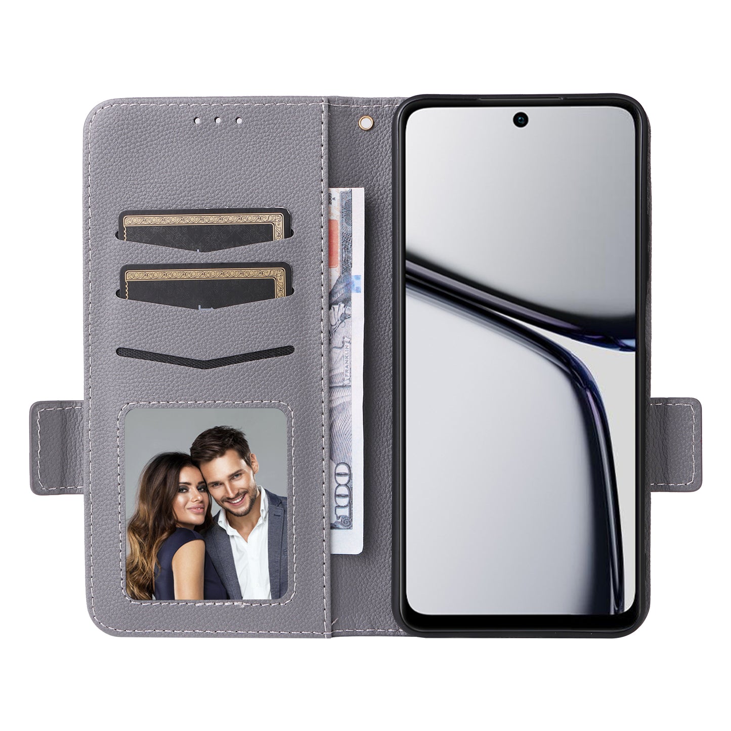 For Realme C65 4G Case Litchi Texture Leather Smart Phone Cover with Handy Strap - Grey