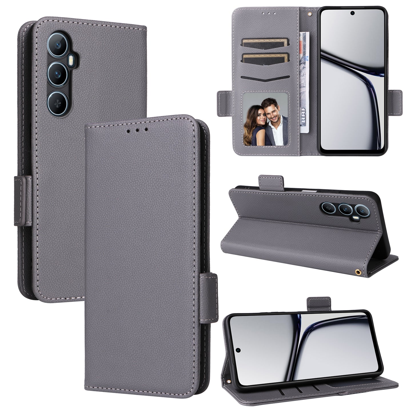 For Realme C65 4G Case Litchi Texture Leather Smart Phone Cover with Handy Strap - Grey