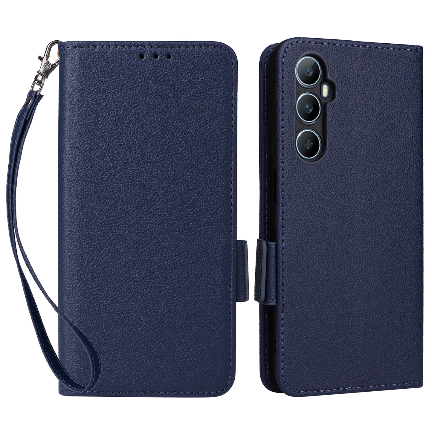 For Realme C65 4G Case Litchi Texture Leather Smart Phone Cover with Handy Strap - Dark Blue