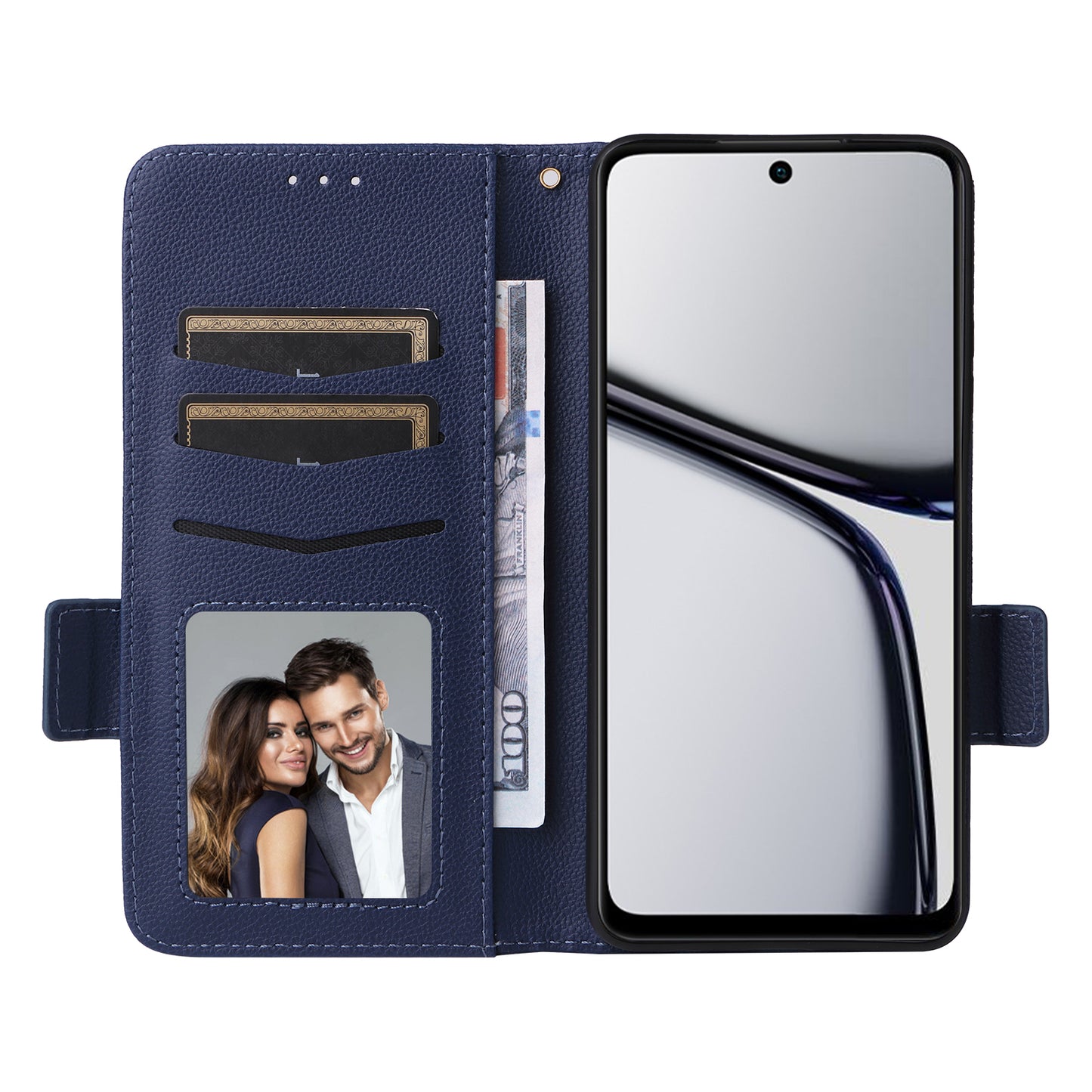 For Realme C65 4G Case Litchi Texture Leather Smart Phone Cover with Handy Strap - Dark Blue