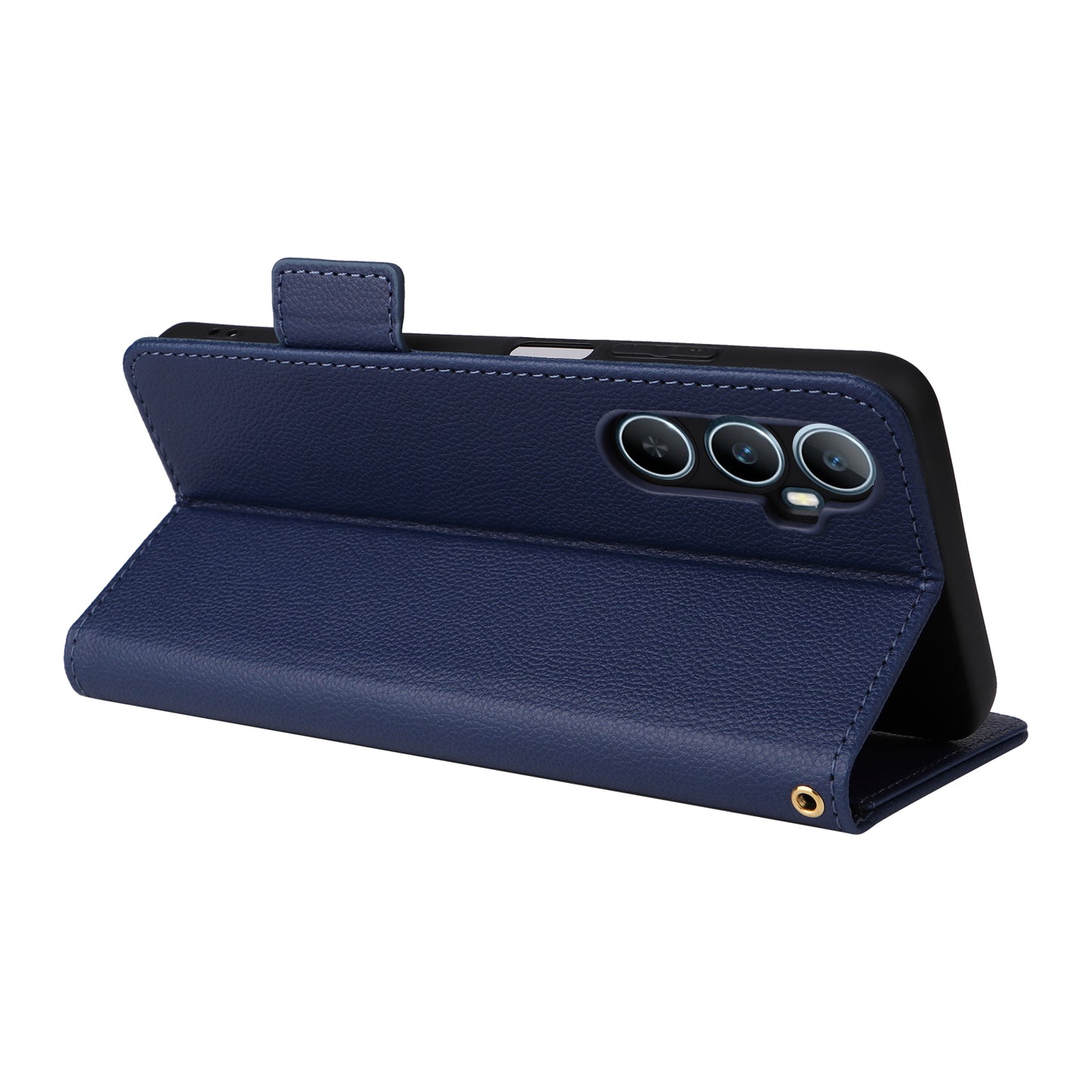 For Realme C65 4G Case Litchi Texture Leather Smart Phone Cover with Handy Strap - Dark Blue