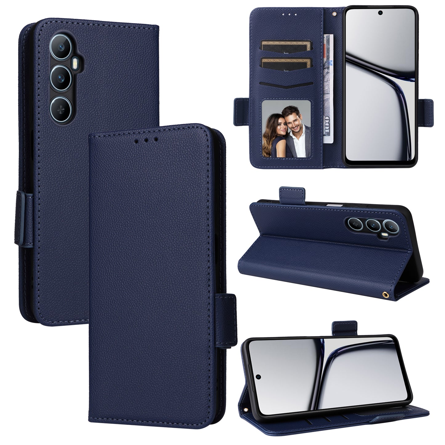 For Realme C65 4G Case Litchi Texture Leather Smart Phone Cover with Handy Strap - Dark Blue