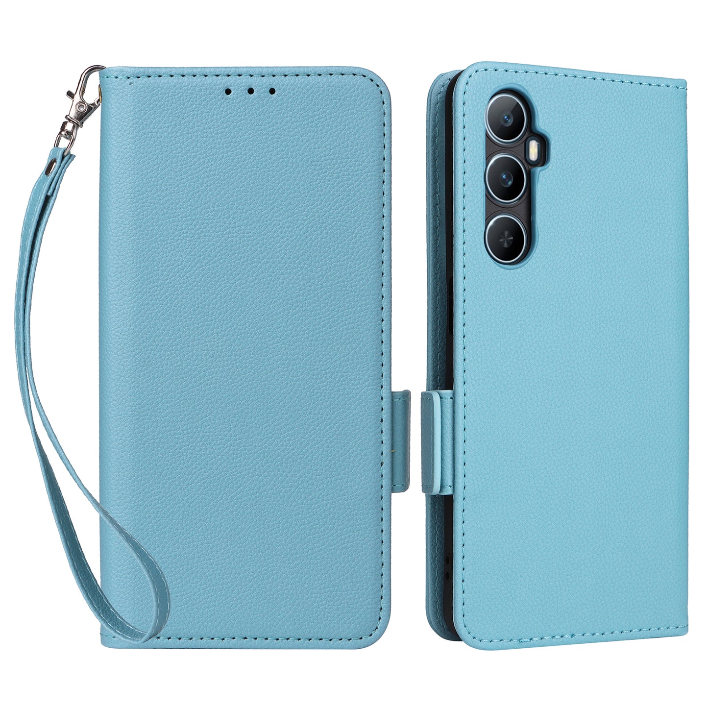 For Realme C65 4G Case Litchi Texture Leather Smart Phone Cover with Handy Strap - Baby Blue