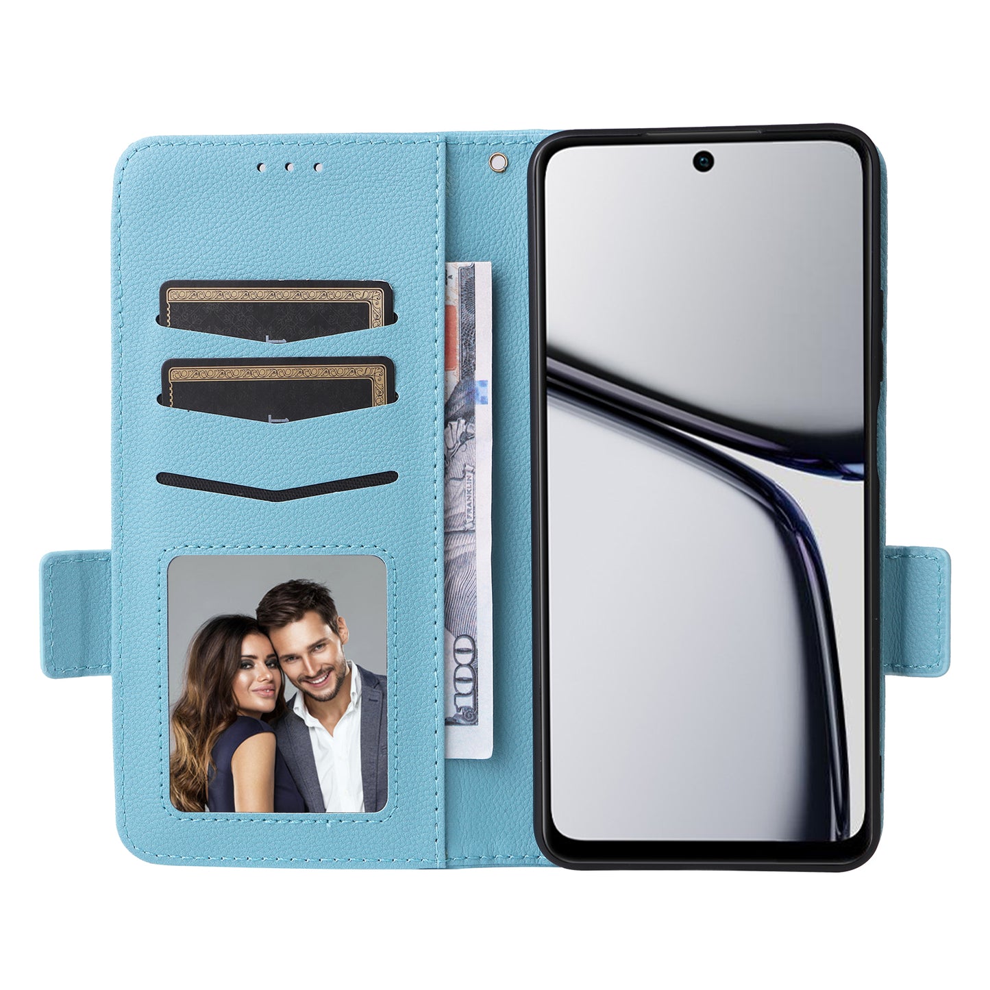 For Realme C65 4G Case Litchi Texture Leather Smart Phone Cover with Handy Strap - Baby Blue