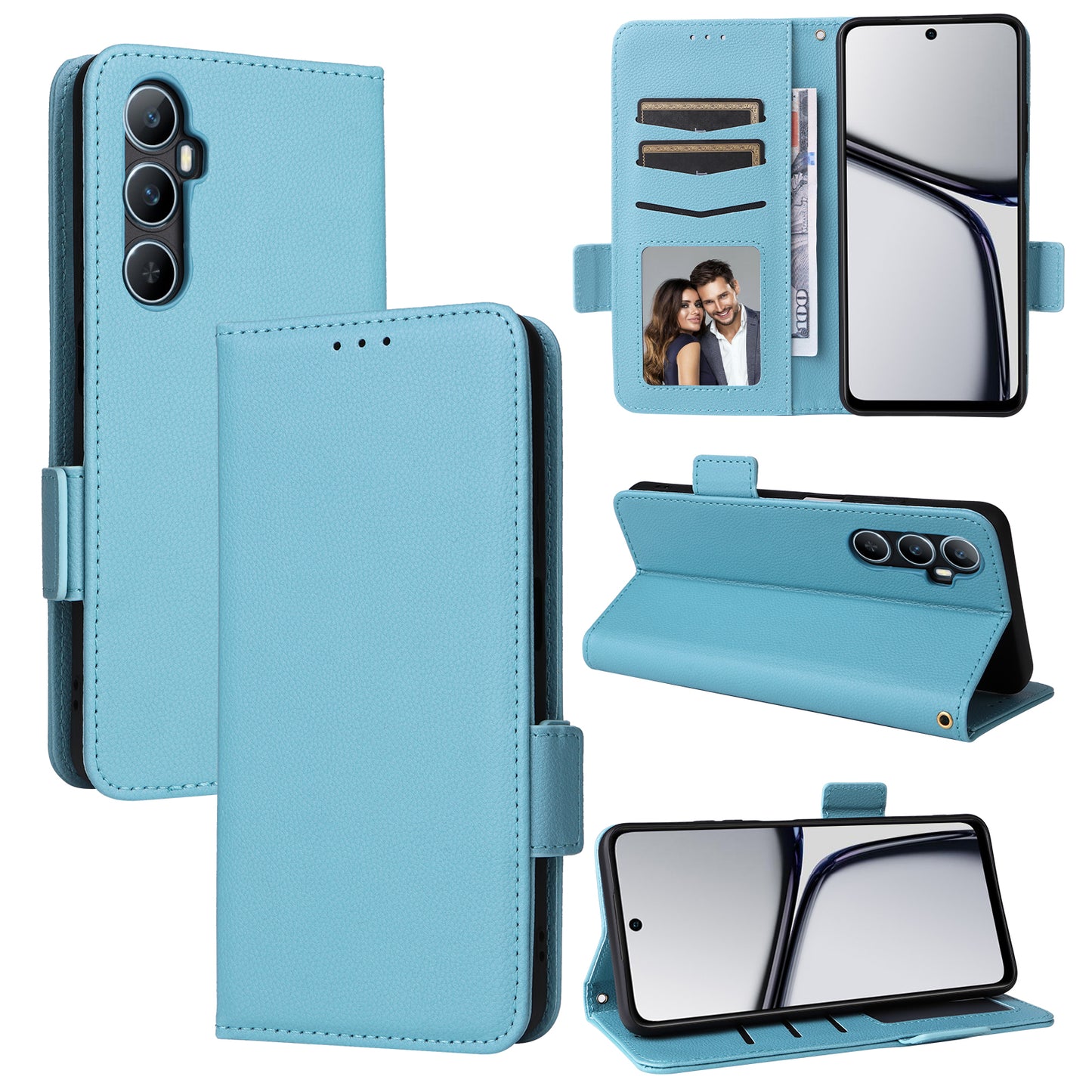 For Realme C65 4G Case Litchi Texture Leather Smart Phone Cover with Handy Strap - Baby Blue
