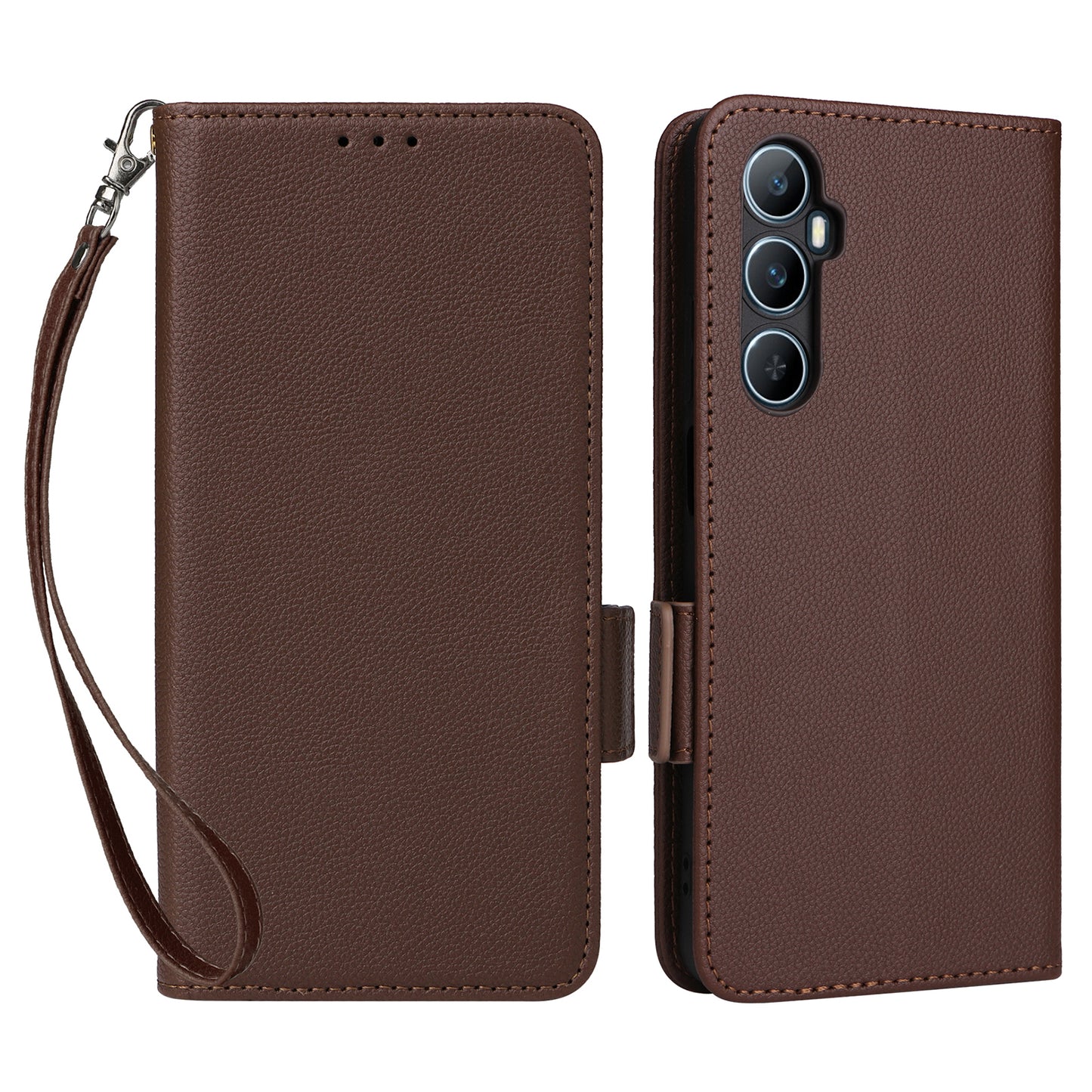 For Realme C65 4G Case Litchi Texture Leather Smart Phone Cover with Handy Strap - Brown