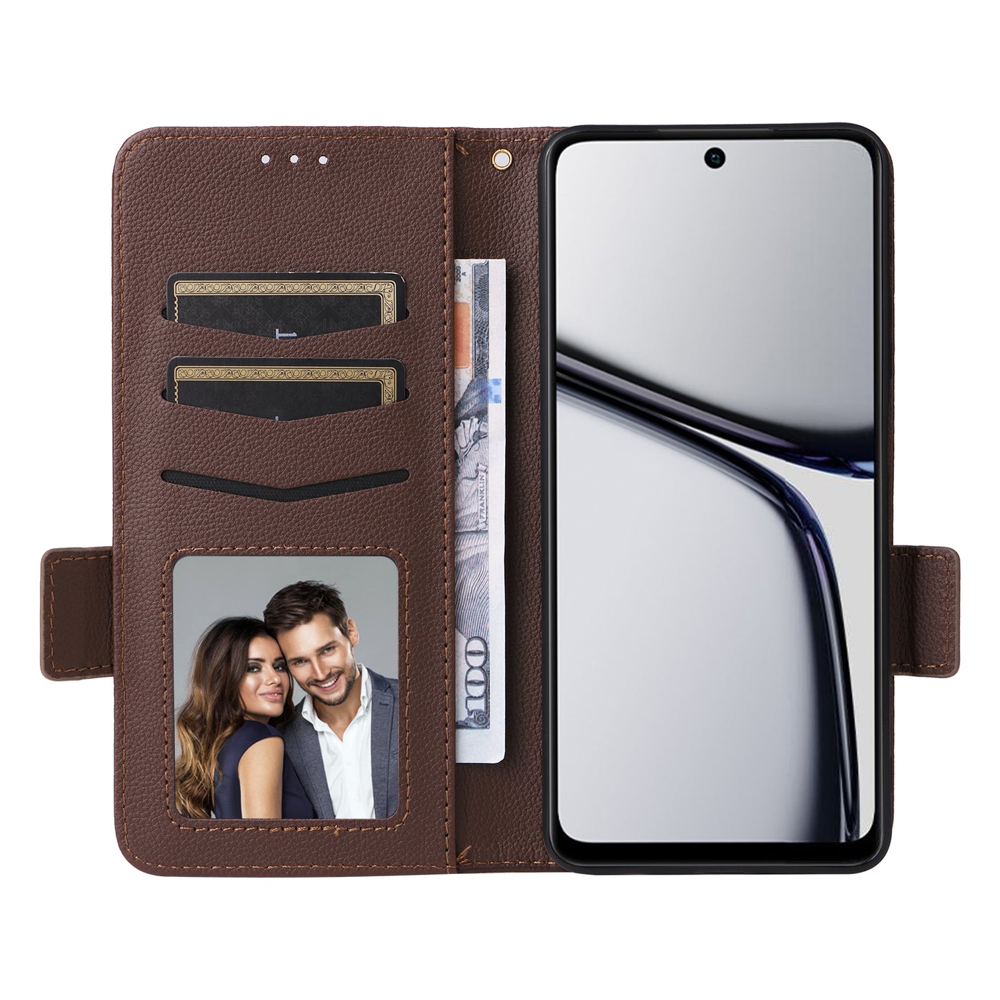 For Realme C65 4G Case Litchi Texture Leather Smart Phone Cover with Handy Strap - Brown