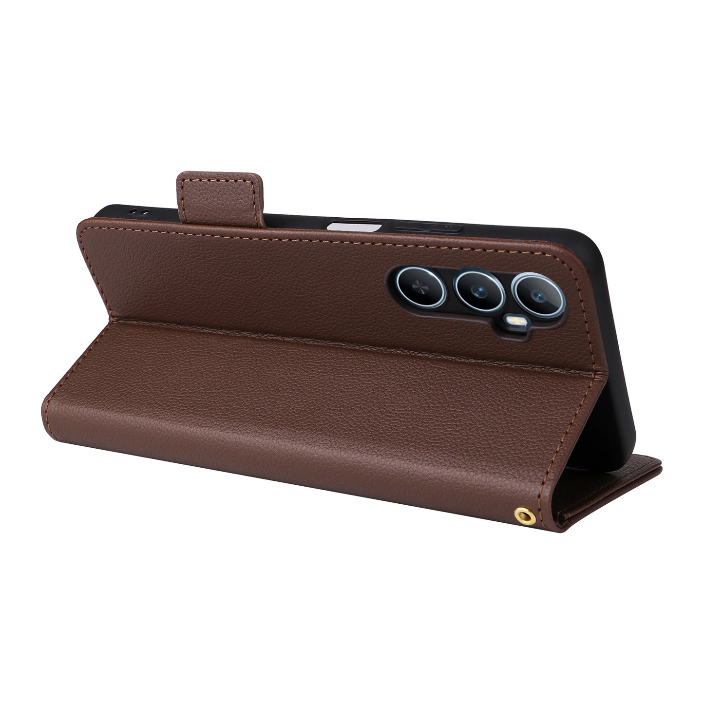 For Realme C65 4G Case Litchi Texture Leather Smart Phone Cover with Handy Strap - Brown