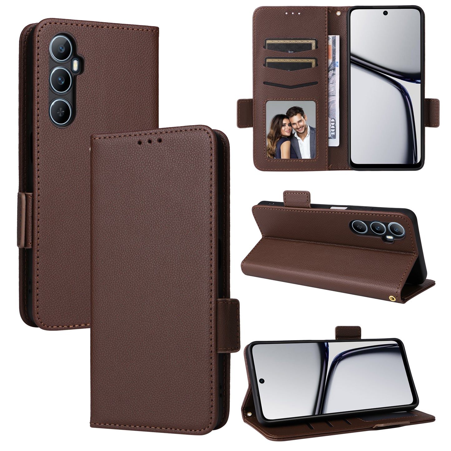 For Realme C65 4G Case Litchi Texture Leather Smart Phone Cover with Handy Strap - Brown