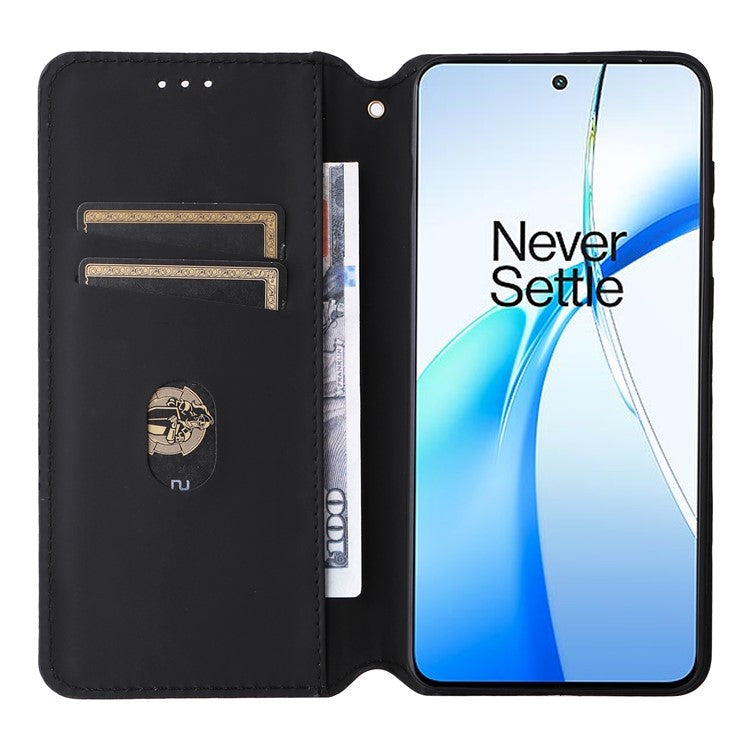 For OnePlus Nord CE4 5G / Oppo K12 Wallet Case Rhombus Imprinted PU Leather Phone Cover - Black