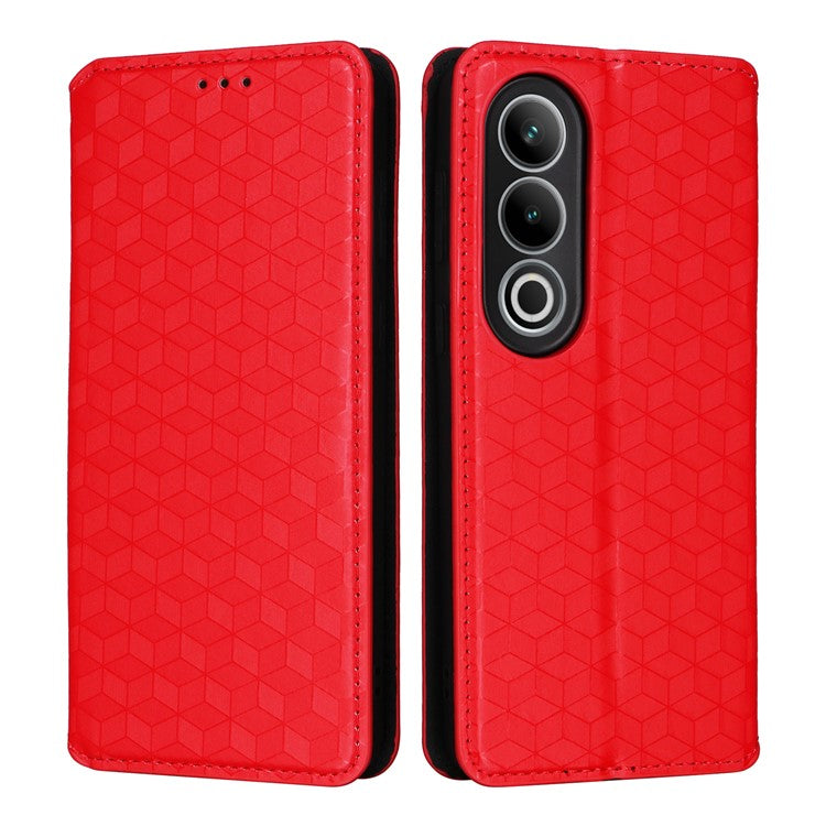 For OnePlus Nord CE4 5G / Oppo K12 Wallet Case Rhombus Imprinted PU Leather Phone Cover - Red