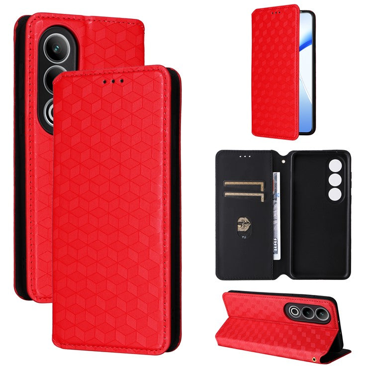 For OnePlus Nord CE4 5G / Oppo K12 Wallet Case Rhombus Imprinted PU Leather Phone Cover - Red
