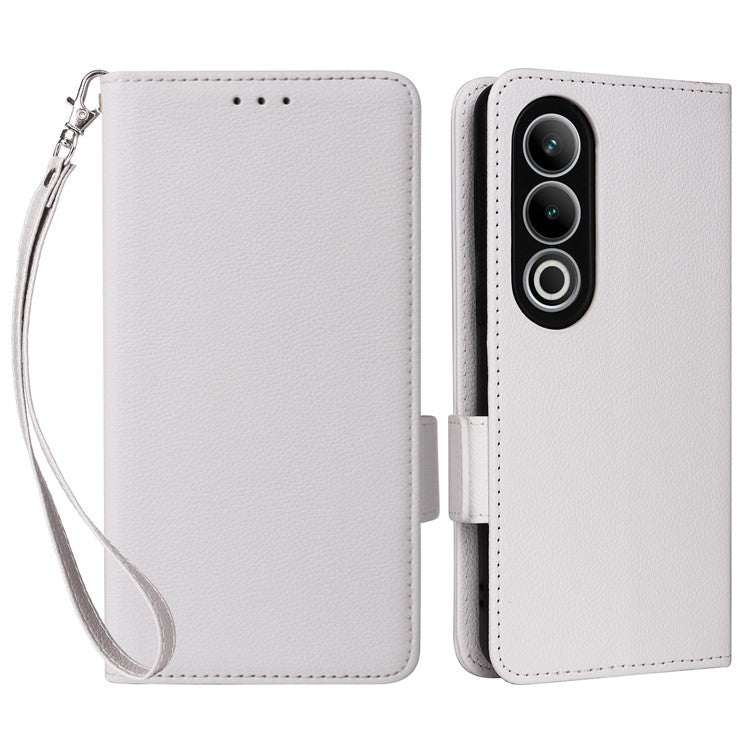 For OnePlus Nord CE4 5G / Oppo K12 Leather Case with Hand Strap Litchi Texture Wallet Cover - White