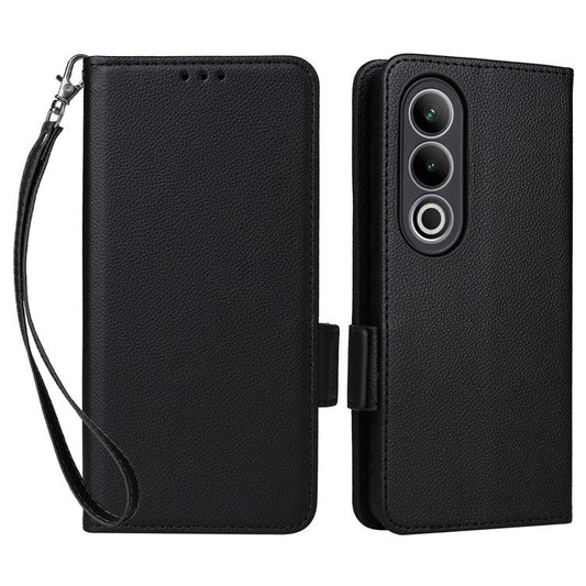 For OnePlus Nord CE4 5G / Oppo K12 Leather Case with Hand Strap Litchi Texture Wallet Cover - Black