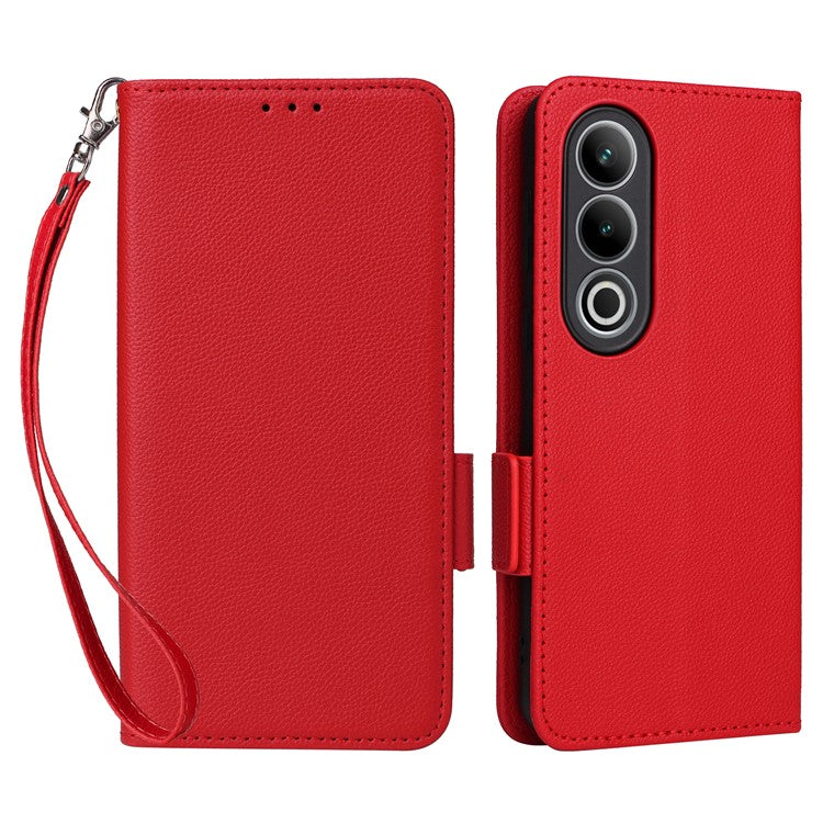 For OnePlus Nord CE4 5G / Oppo K12 Leather Case with Hand Strap Litchi Texture Wallet Cover - Red