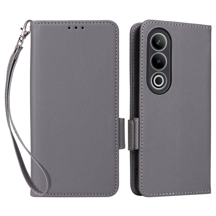 For OnePlus Nord CE4 5G / Oppo K12 Leather Case with Hand Strap Litchi Texture Wallet Cover - Grey