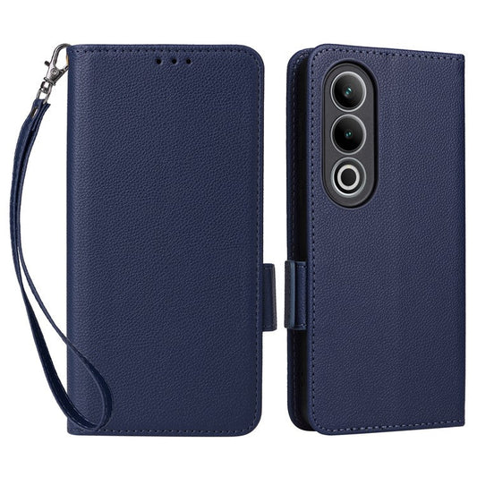 For OnePlus Nord CE4 5G / Oppo K12 Leather Case with Hand Strap Litchi Texture Wallet Cover - Dark Blue