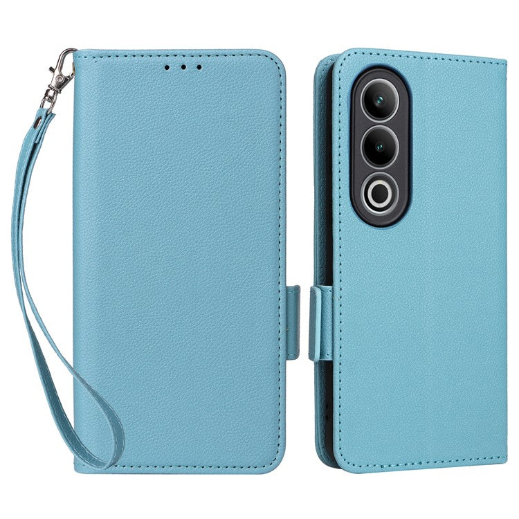For OnePlus Nord CE4 5G / Oppo K12 Leather Case with Hand Strap Litchi Texture Wallet Cover - Baby Blue