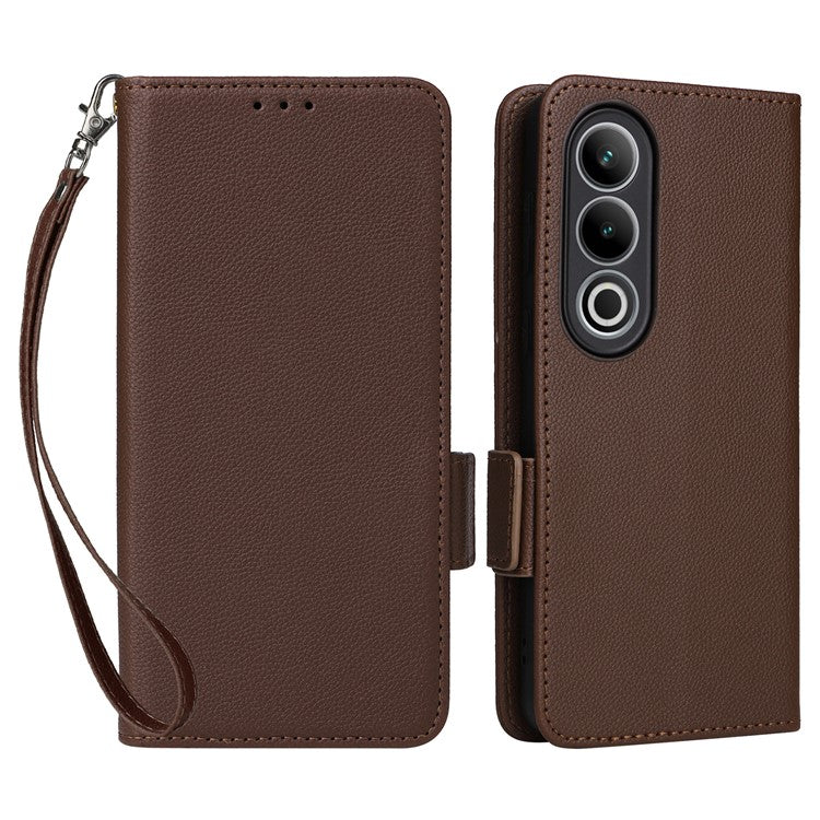 For OnePlus Nord CE4 5G / Oppo K12 Leather Case with Hand Strap Litchi Texture Wallet Cover - Brown