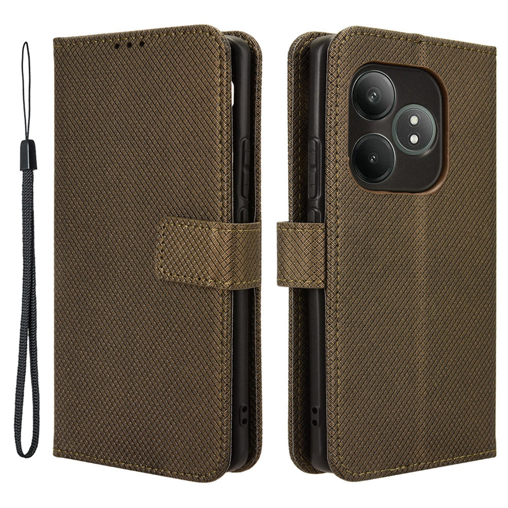 For Realme GT Neo6 SE 5G Magnetic Case Diamond Texture PU Leather Shockproof Phone Cover - Brown