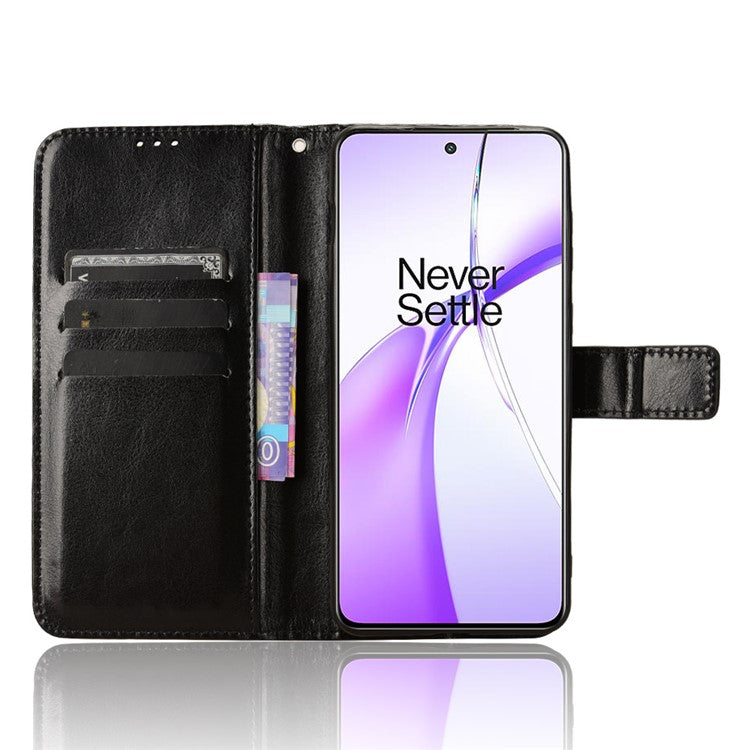For OnePlus Nord CE4 5G / Oppo K12 Magnetic Phone Case Folio Stand Crazy Horse Texture Cover - Black