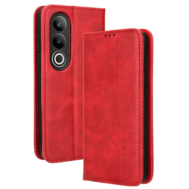 For OnePlus Nord CE4 5G / Oppo K12 Wallet Case Magnetic Closing Retro Leather Phone Cover - Red
