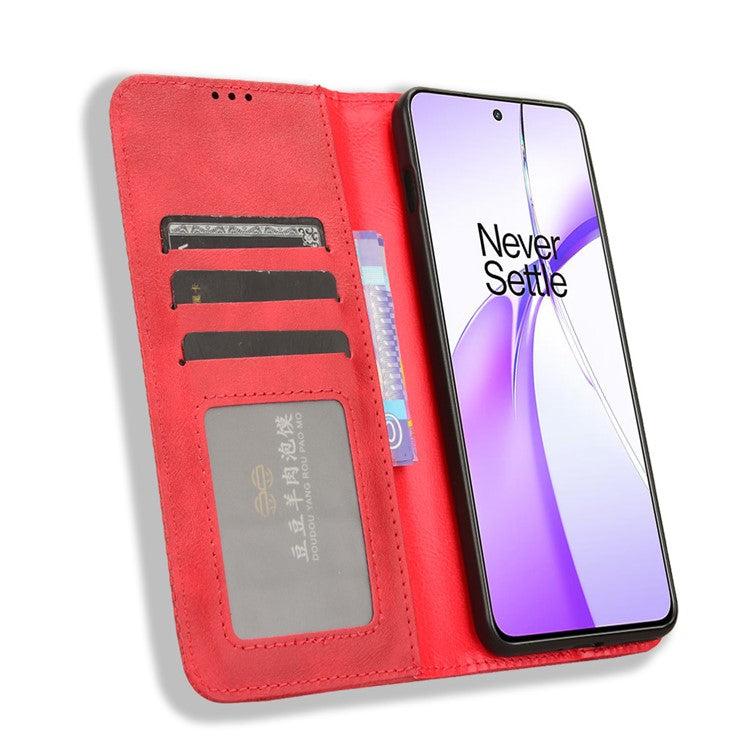 For OnePlus Nord CE4 5G / Oppo K12 Wallet Case Magnetic Closing Retro Leather Phone Cover - Red
