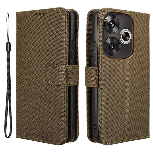 For Xiaomi Redmi Turbo 3 5G Case Diamond Texture Foldable Stand Phone Cover with Hand Strap - Brown